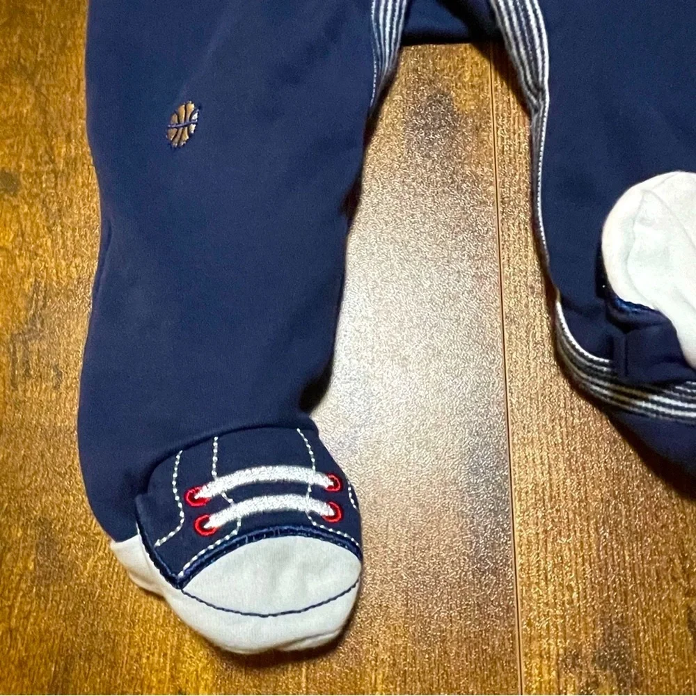 Little Me 6 M Baby Boy Navy Blue Sports- Themed Onesie Footed Cotton Sleeper